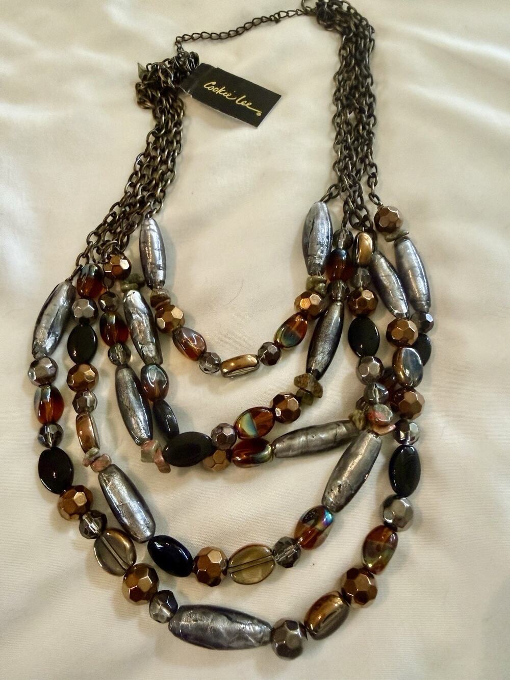 Cookie Lee Bourbon Colored Acrylic Bead & Antique Gold 5 Layer Vintage Necklace